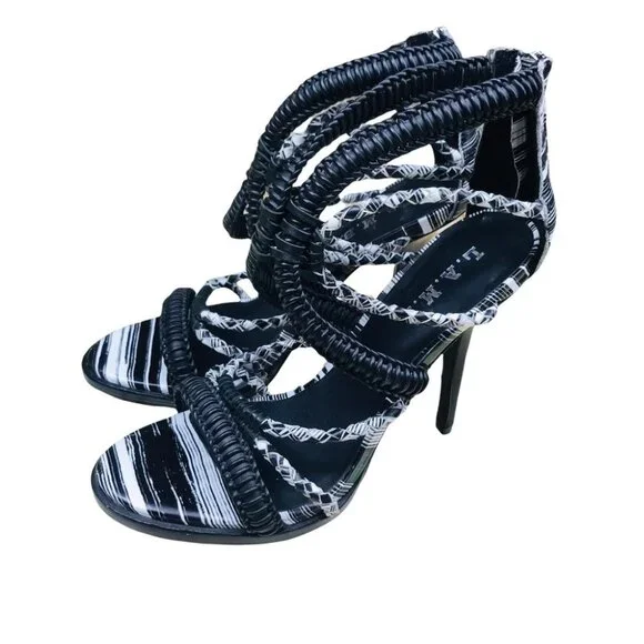 L.A.M.B Zebra Vine Black and White Strappy Leather Heels Sandals Size 8.5 - Picture 6 of 15